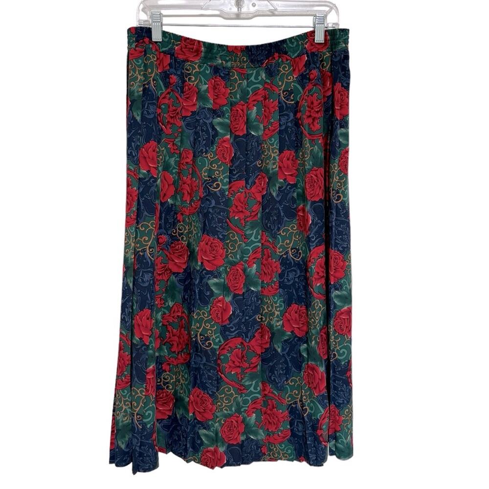Vintage 90s Floral Pleated Pull-On Elastic Waist Midi Skirt - Size 14